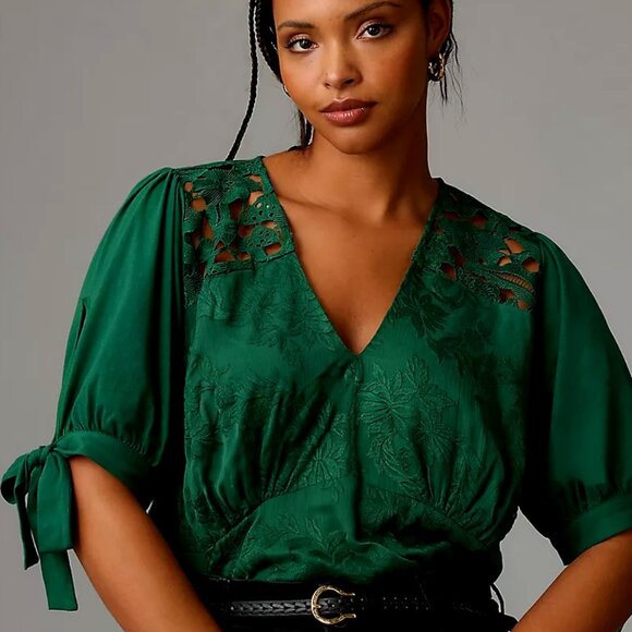 Anthropologie Tiny Ophelia Embroidered Lace Blouse In Green Size M EUC - Picture 2 of 14